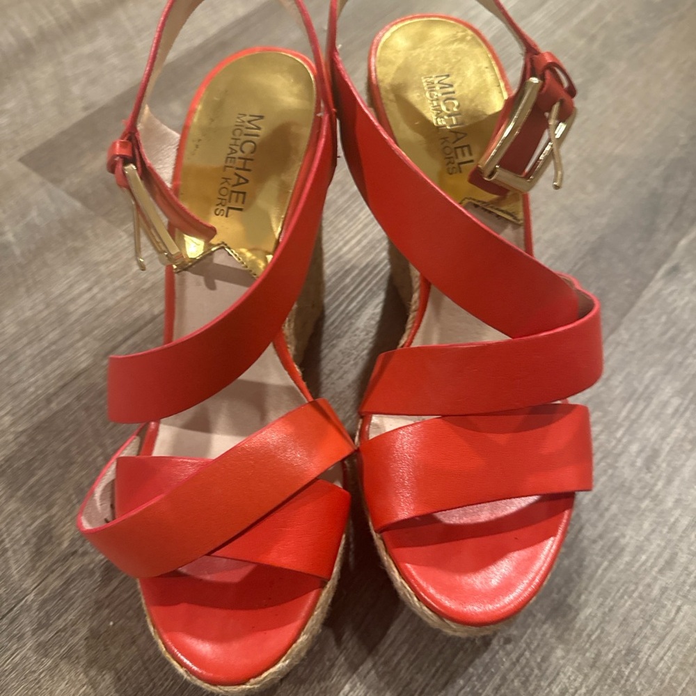 Michael Kors Bright Red Leather Espadrille Wedges